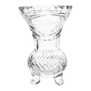 1940s Vintage Tri-footed Cut & Etched Saw Tooth Floral Motif Crystal Vase 7.25”